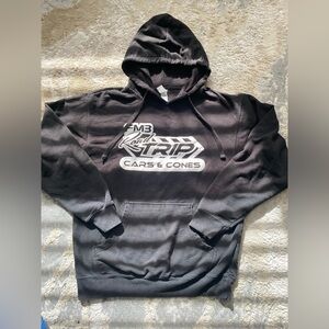 Vintage “FM3 Road Trip Cars & Cones" black hoodie lightly distressed size large